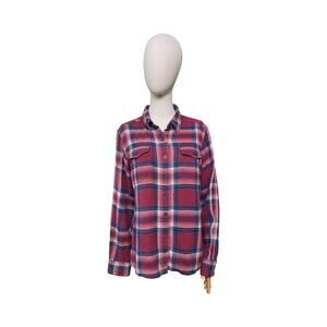 Patagonia Organic Cotton Plaid Flannel Shirt Women Size 10 Red Blue Sustainable